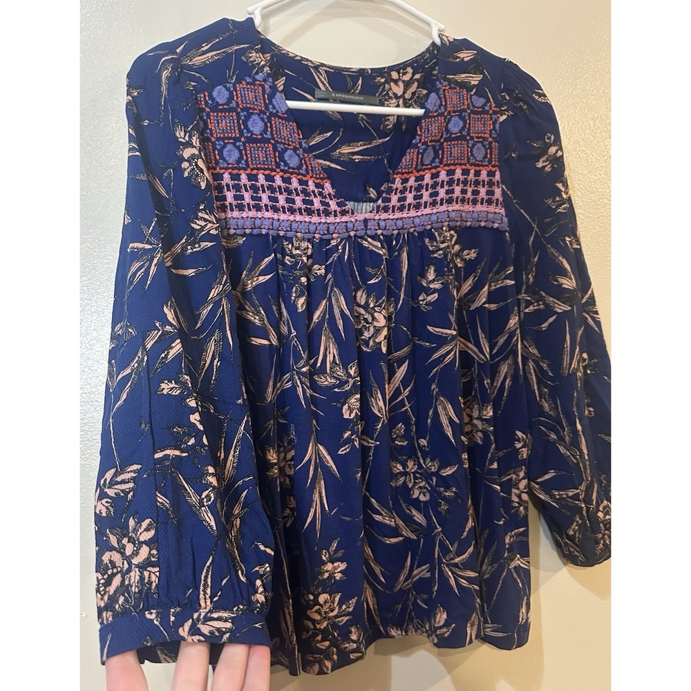By Anthropologie Women's Indigo Floral Embroidered Peasant‎ Top Size XS - Picture 8 of 9